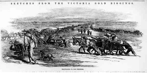 Reise zu den Grabungen, aus Skizzen von den Victoria-Goldgrabungen